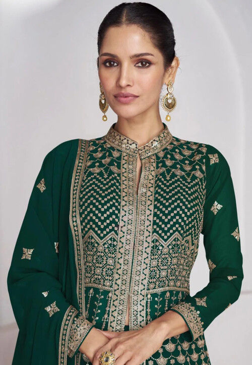 Embroidered Georgette Lehenga in Dark Green