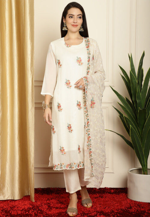 Embroidered Georgette Pakistani Suit in Off White