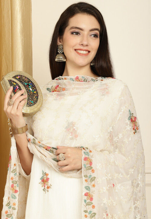 Embroidered Georgette Pakistani Suit in Off White