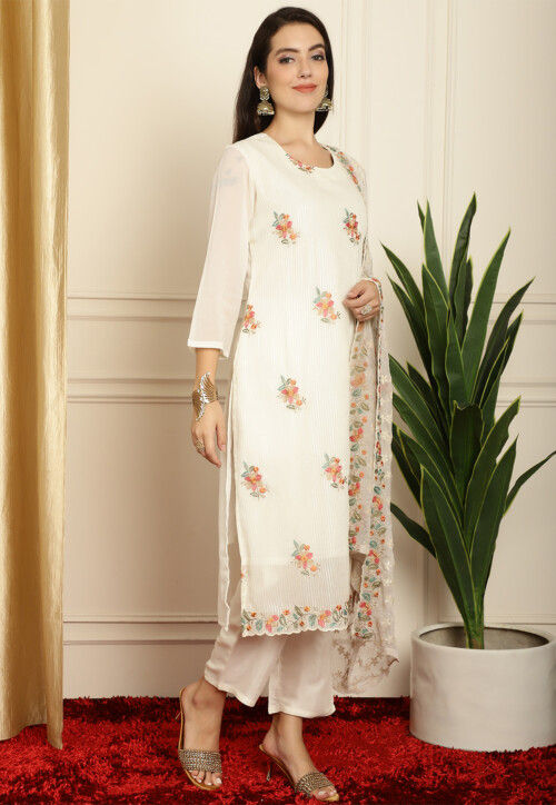 Embroidered Georgette Pakistani Suit in Off White
