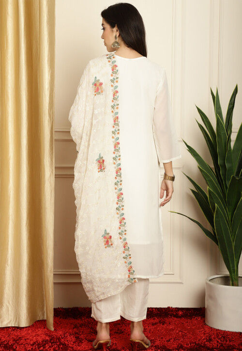 Embroidered Georgette Pakistani Suit in Off White