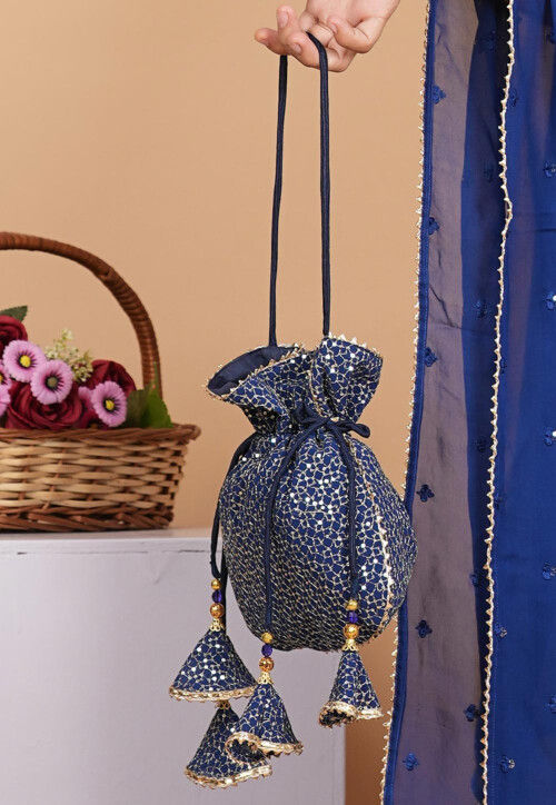 Embroidered Geogrette Potli Bag in Navy Blue