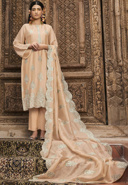 Embroidered Georgette Pakistani Suit in Peach