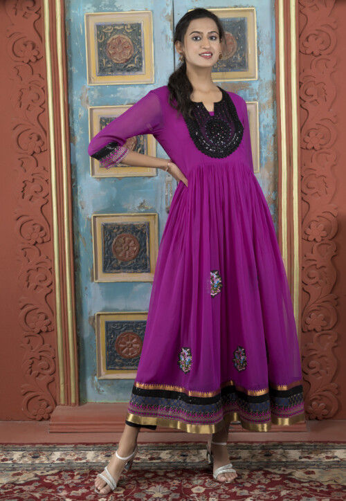 Embroidered Georgette A Line Kurta in Purple