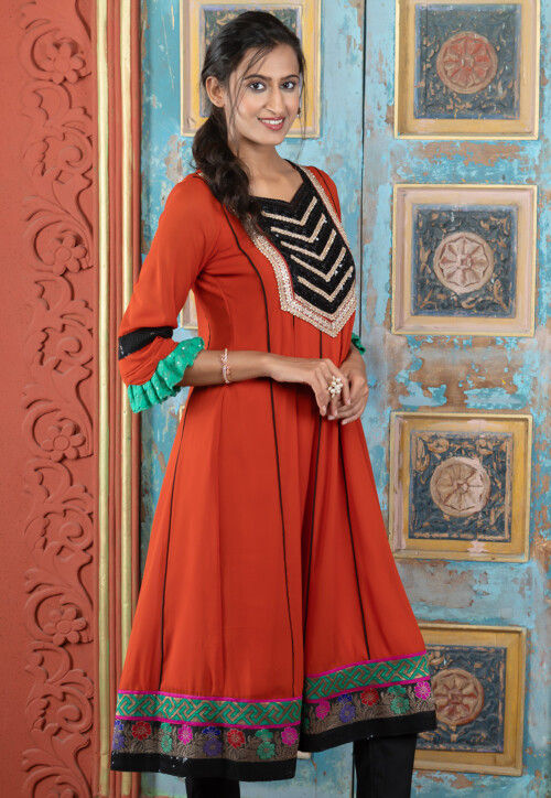 Embroidered Georgette A Line Kurta in Rust