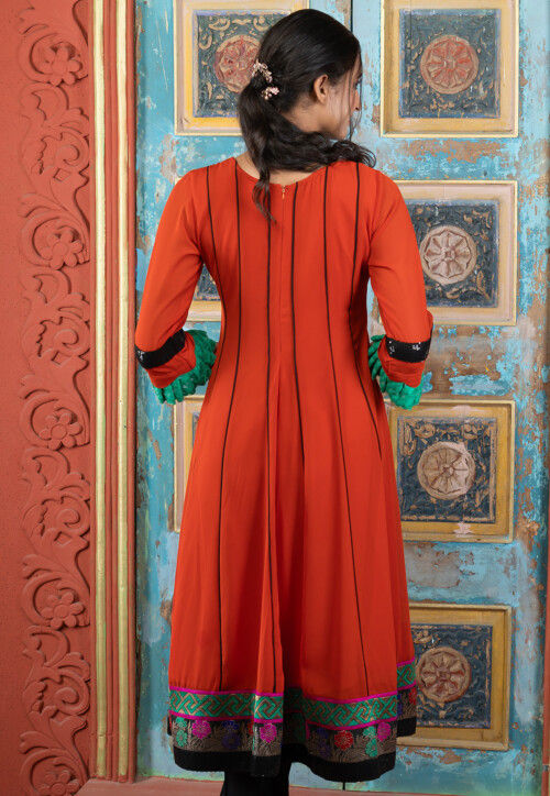 Embroidered Georgette A Line Kurta in Rust