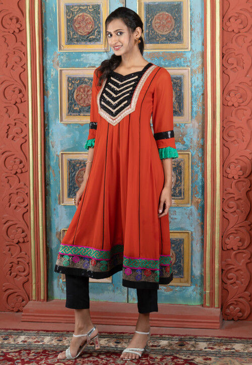 Embroidered Georgette A Line Kurta in Rust
