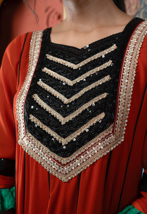 Embroidered Georgette A Line Kurta in Rust