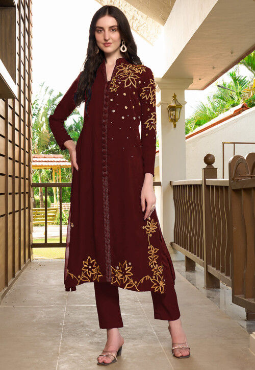 Embroidered Georgette A Line Kurta Set in Maroon