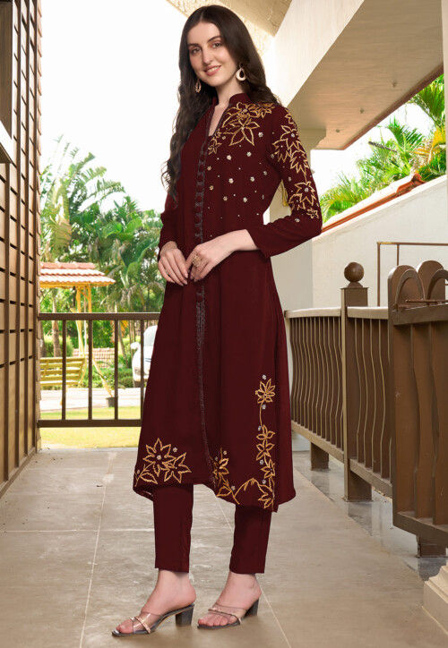 Embroidered Georgette A Line Kurta Set in Maroon