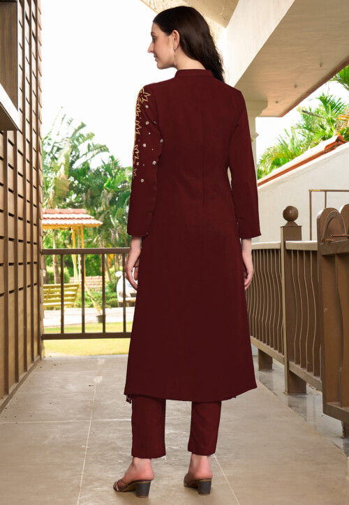 Embroidered Georgette A Line Kurta Set in Maroon