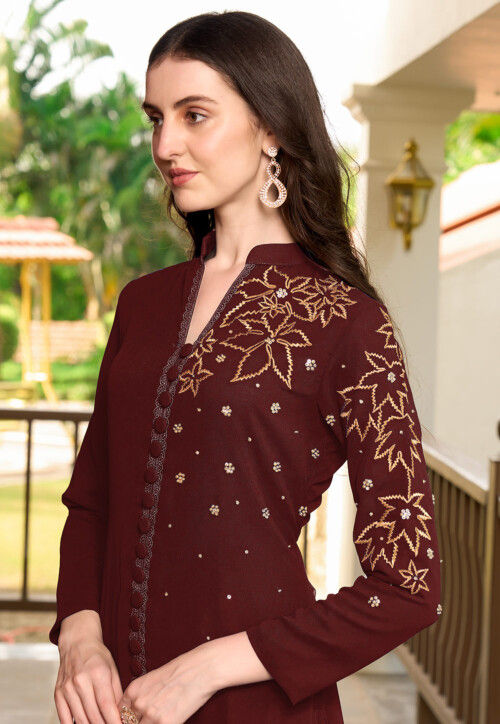 Embroidered Georgette A Line Kurta Set in Maroon