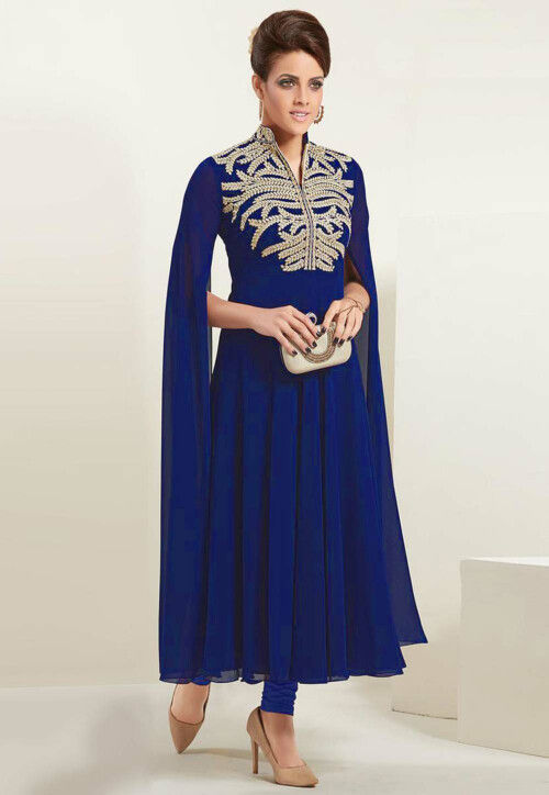 Embroidered Georgette A Line Kurta Set in Royal Blue
