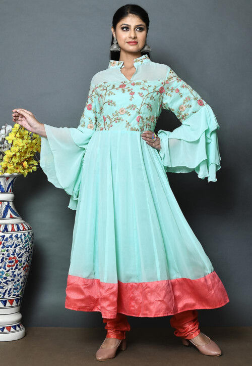 Embroidered Georgette A Line Kurta Set in Sea Green