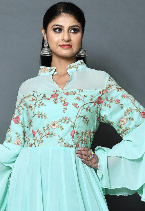 Embroidered Georgette A Line Kurta Set in Sea Green