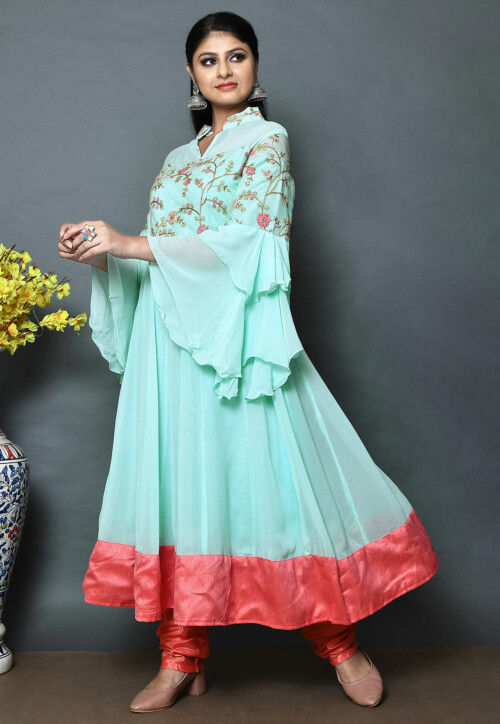 Embroidered Georgette A Line Kurta Set in Sea Green