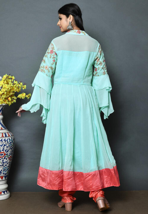Embroidered Georgette A Line Kurta Set in Sea Green