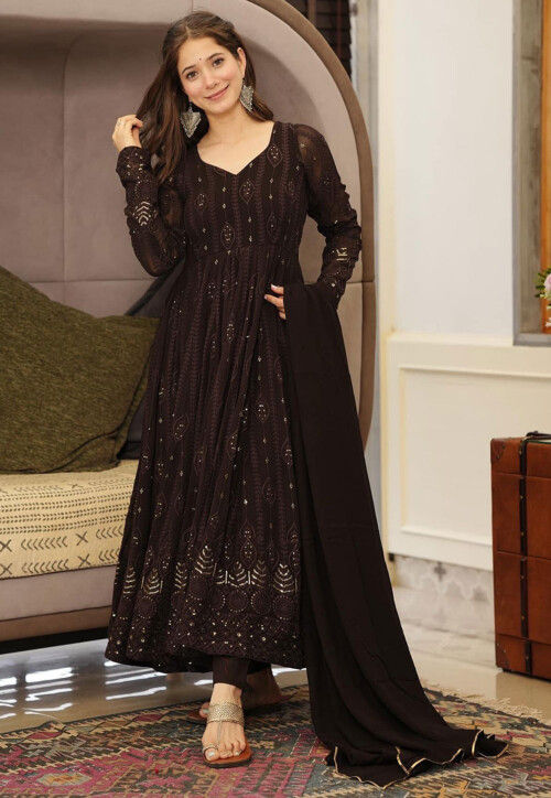 Embroidered Georgette A Line Suit in Black