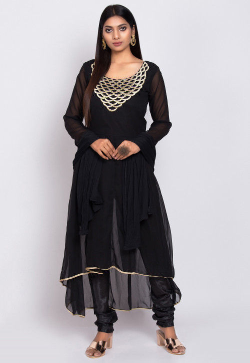 Embroidered Georgette A Line Suit in Black