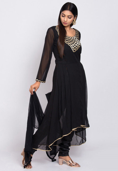 Embroidered Georgette A Line Suit in Black : KUF13209
