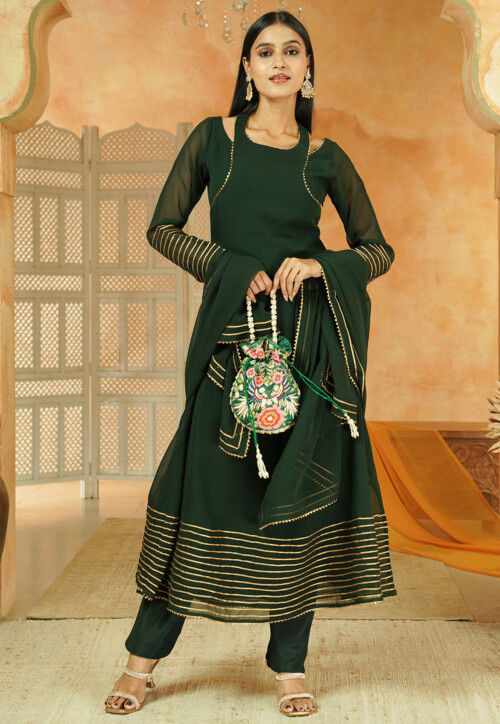 Embroidered Georgette A Line Suit in Dark Green