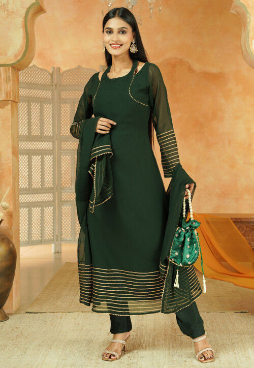 Embroidered Georgette A Line Suit in Dark Green
