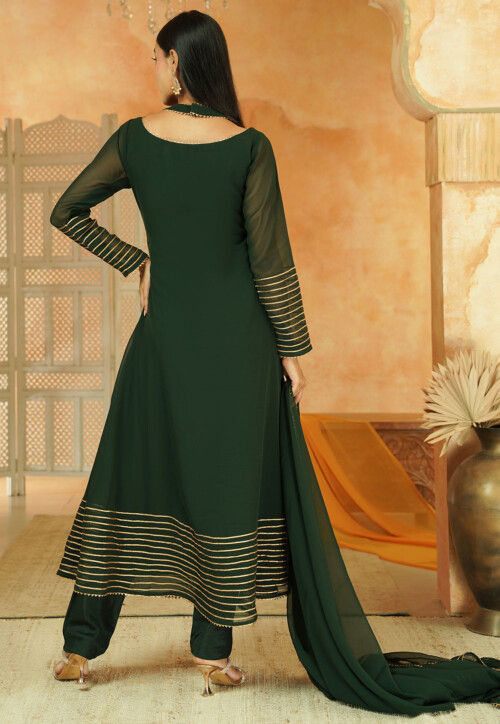 Embroidered Georgette A Line Suit in Dark Green