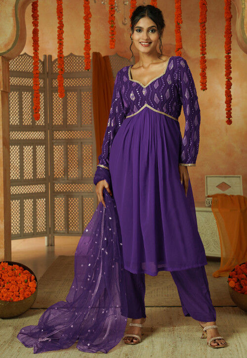Embroidered Georgette A Line Suit in Dark Purple