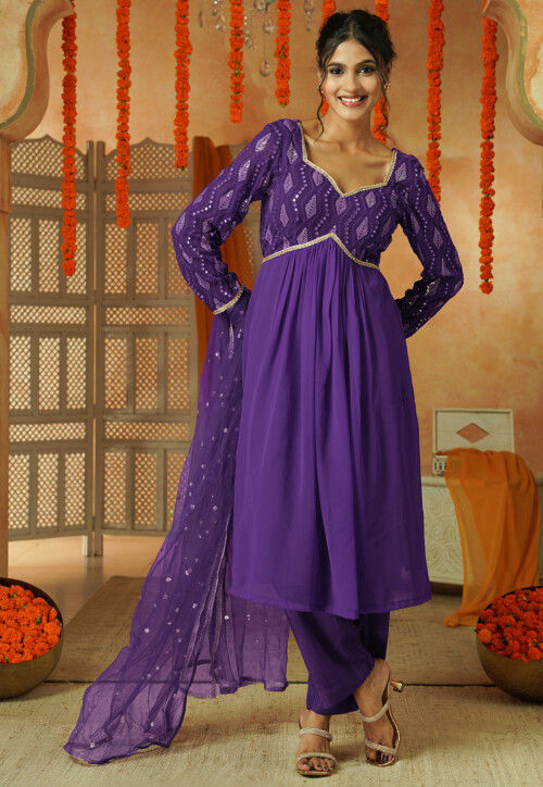 Embroidered Georgette A Line Suit in Dark Purple