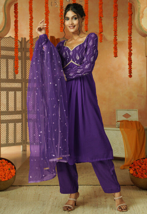 Embroidered Georgette A Line Suit in Dark Purple