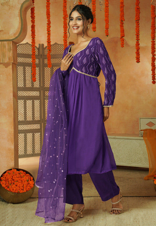 Embroidered Georgette A Line Suit in Dark Purple