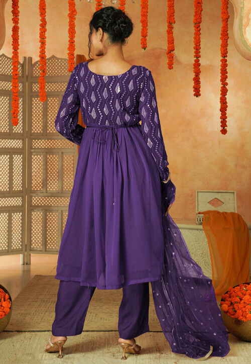 Embroidered Georgette A Line Suit in Dark Purple