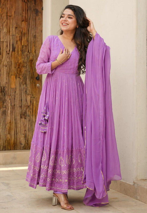 Embroidered Georgette A Line Suit in Light Purple