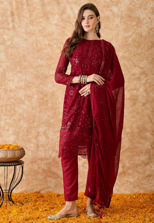 Embroidered Georgette A Line Suit in Maroon