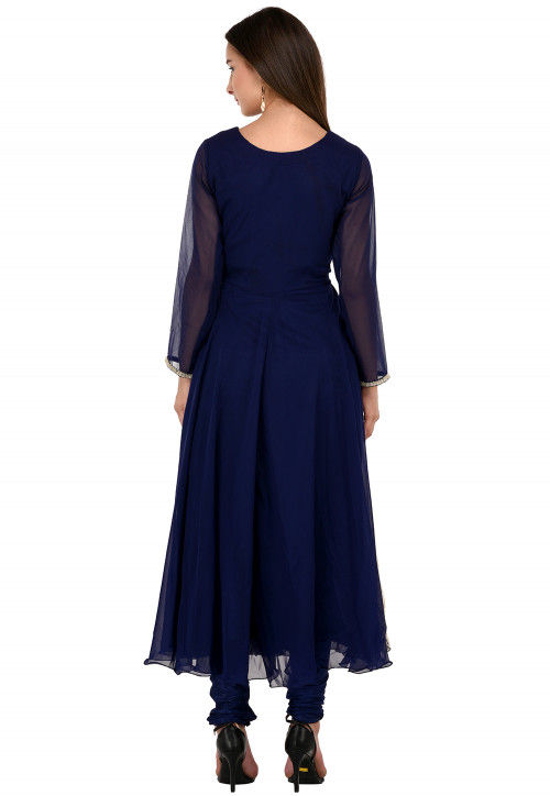 Buy Embroidered Georgette A Line Suit in Navy Blue and Beige Online ...