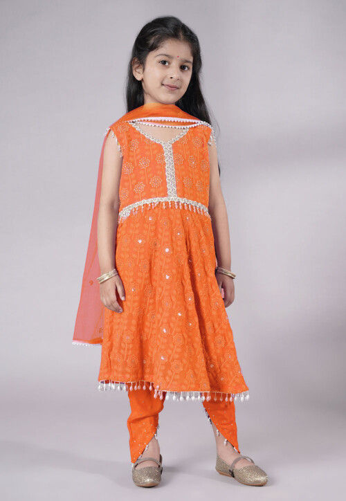 Embroidered Georgette A Line Suit in Orange