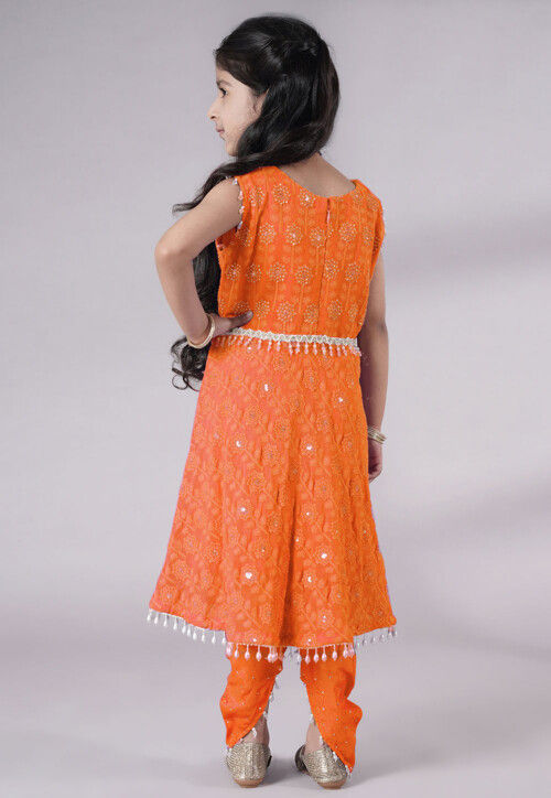 Embroidered Georgette A Line Suit in Orange