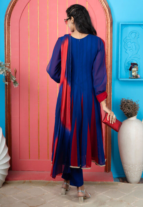 Embroidered Georgette A Line Suit in Royal Blue and Red