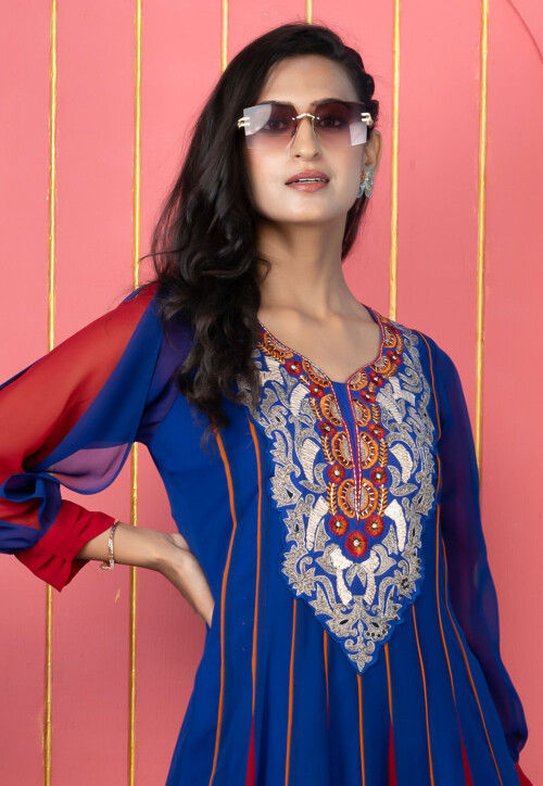 Embroidered Georgette A Line Suit in Royal Blue and Red