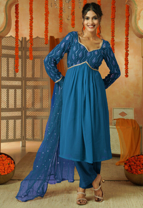 Embroidered Georgette A Line Suit in Teal Blue