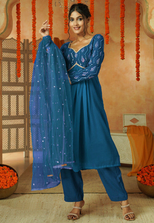 Embroidered Georgette A Line Suit in Teal Blue