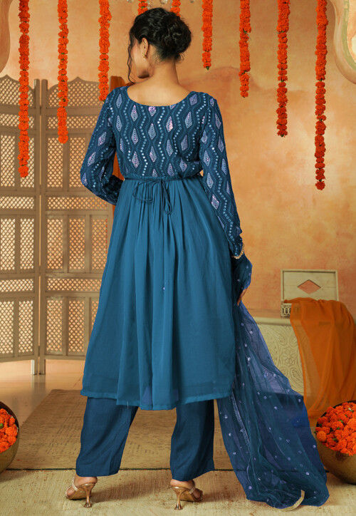 Embroidered Georgette A Line Suit in Teal Blue