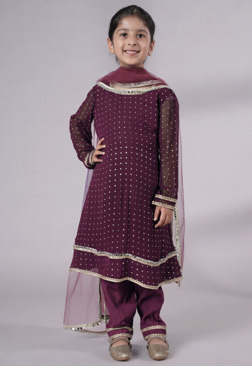 Embroidered Georgette A Line Suit in Wine