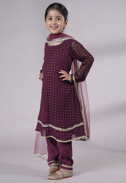 Embroidered Georgette A Line Suit in Wine