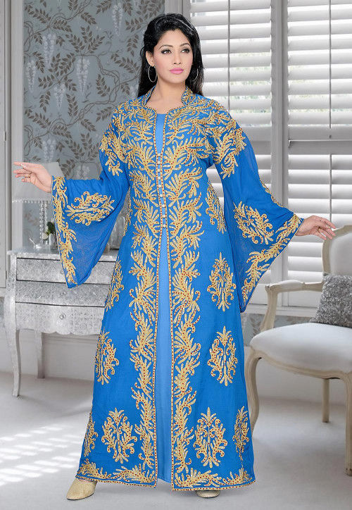 Embroidered Georgette Abaya in Blue : QFD316