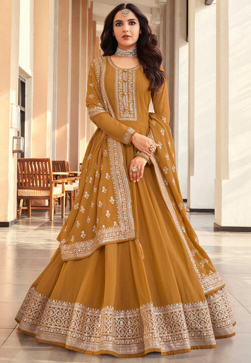 Embroidered Georgette Abaya Style Suit in Mustard