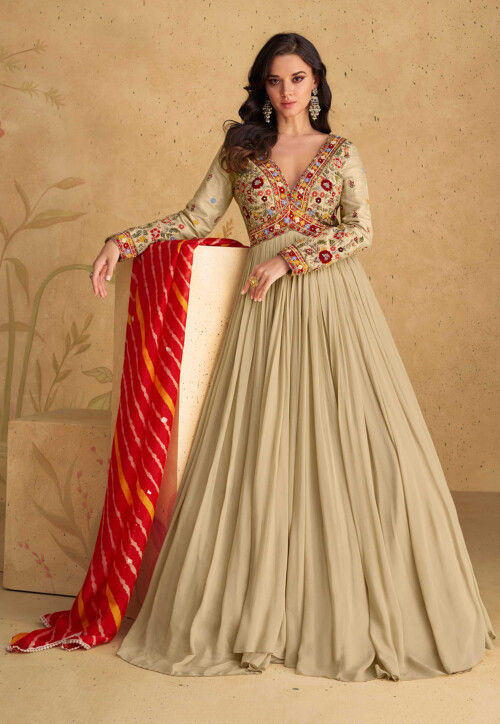 Embroidered Georgette Abaya Style Suit in Beige