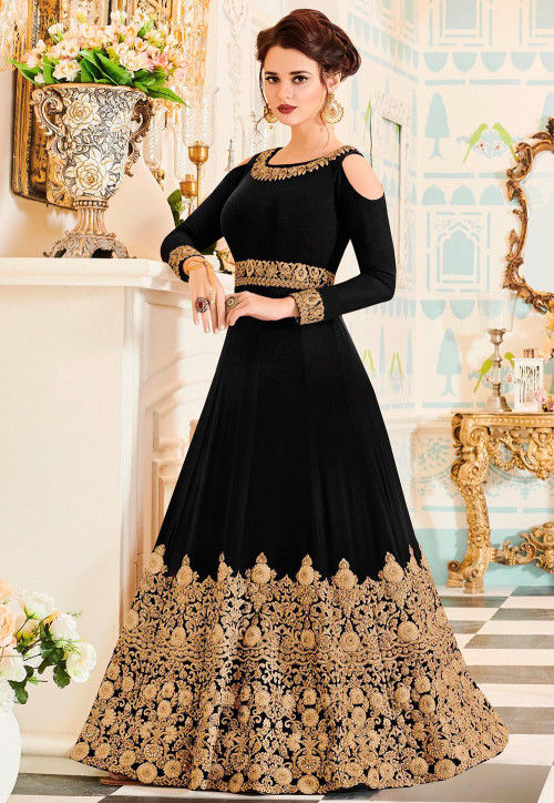 Embroidered Georgette Abaya Style Suit in Black : KCH1590