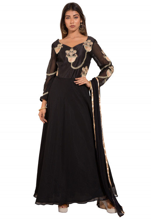 Embroidered Georgette Abaya Style Suit in Black : KJN3504