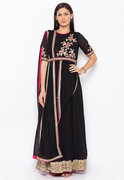 Embroidered Georgette Abaya Style Suit in Black